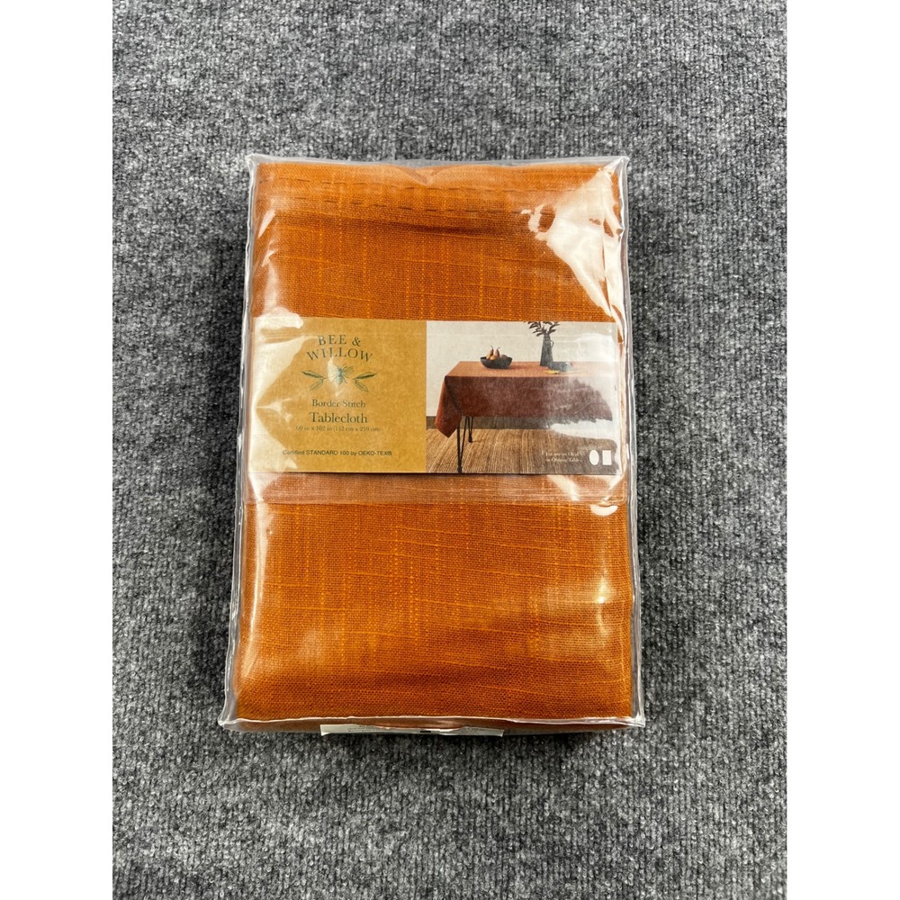 Bee & Willow Pecan Orange Border Stitch Tablecloth 60x102 Cotton Seats 8-10 NEW